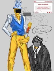 2boys black_glasses black_hat black_headphones black_suit blacked_out chance_(forsaken) collar collar_and_leash crown duo fedora forsaken_(roblox) gay glasses gray_body grey_skin hat headphones headwear itrapped_(forsaken) leash leash_and_collar looking_up on_knees penis_out roblox rrresna smile smiling standing strawpage_request suit suit_and_tie worried_expression yellow_body yellow_skin