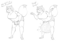 1futa 2022 anthro balls balls_expansion before_and_after big_balls big_balls_small_penis big_breasts bottomwear breasts canid canine clothed clothing dialogue dipstick_tail english_text facial_markings fully_clothed furry futa_only futanari genitals gynomorph head_markings huge_balls hyper hyper_balls hyper_genitalia intersex leaning leaning_forward mammal markings mask_(marking) oversized_balls raccoon_dog shirt shorts smile solo standing subakitsu tail_markings tanuki testicle_expansion text top trans_woman transfem wear