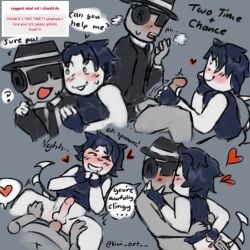 1boy 1nonbinary :d anal anal_sex anal_sex blush blush chance_(forsaken) closed_eyes closed_eyes dialogue drool drooling duo facewear fedora forsaken_(roblox) glasses gloves handjob handwear hat headphones headwear kissing kissing kiwi_art__ nervous nervous_smile open_mouth open_mouth pant panting roblox smile smiling strawpage_request stroking_penis tail text two_time two_time_(forsaken)