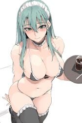 blush closed_mouth coffee drink high-angle_view huge_breasts kantai_collection looking_at_viewer maid_bikini maid_headdress serving_tray smile straw suzuya_(kantai_collection) thick_thighs unconventional_maid wide_hips zekkyon