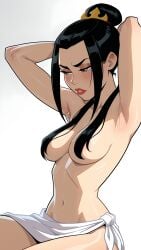 ai_generated armpits arms_behind_head arms_up avatar_the_last_airbender azula black_hair blush breasts brown_eyes cleavage clenched_teeth convenient_censoring female female_only forehead gradient gradient_background hair_bun hair_censor hair_ornament hair_over_breasts large_breasts lips lipstick long_hair looking_away looking_down makeup mayrainart medium_breasts navel parted_lips red_lips sarong sidelocks simple_background single_hair_bun sitting solo stomach sweat sweatdrop swimsuit teeth topless white_background white_sarong yellow_eyes