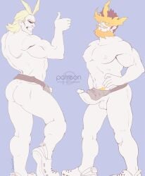 2boys all_might bara barazoku big_ass big_penis blonde_hair crocs endeavor_(my_hero_academia) enji_todoroki erect_nipples erect_penis fanny_pack gay gay_sex huge_ass huge_cock male male_only muscles muscular muscular_male my_hero_academia pose posing posing_for_the_viewer red_hair superhero thumbs_up toshinori_yagi uncolored unfinished yaoi
