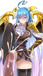 ahoge big_breasts black_panties black_stockings blue_hair clothes cum douluo_dalu douluo_dalu_2 dragon_wings female footjob long_hair panties penis wang_qiu'er(douluo_dalu_2)