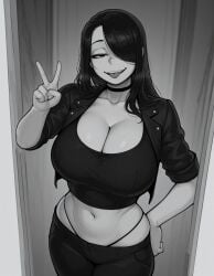 1girls belly big_breasts black_eyes black_hair breasts choker cleavage clothes crop_top curvy female female_only hair hair_over_one_eye hand_on_hip hips jacket large_breasts long_hair looking_at_viewer monochrome narrow_waist navel nila_(telepurte) pants smile smiling smiling_at_viewer sogo solo_focus standing thick thick_thighs thighs thong tongue tongue_out v voluptuous wide_hips