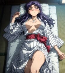 ai_generated bangs bare_shoulders black_lingerie blush breasts female female_only in_bed lingerie long_hair looking_at_viewer misato_katsuragi necklace neon_genesis_evangelion nervous nervous_sweat parted_bangs pendant purple_hair smile solo