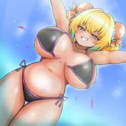 bikini black_bikini blonde_hair blue_eyes blush breasts colored_tips eyebrows_hidden_by_hair female hair_intakes large_breasts looking_at_viewer mahjong_fight_girl medium_hair multicolored_hair naughty_face navel oerba_yun_fang open_mouth pine_(bombergirl) smile solo squinting stomach swimsuit tan teeth user_kruv4844 wardrobe_malfunction