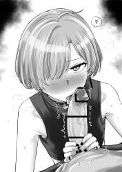 2boys absurdres blush bob_cut clothed_male_nude_male fellatio genderswap_(otm) greyscale hair_over_one_eye highres kaiman_garupan licking licking_penis male_focus monochrome multiple_boys nail_polish nijisanji nude oral penis rule_63 ryuushen short_hair sleeveless tongue trap virtual_youtuber