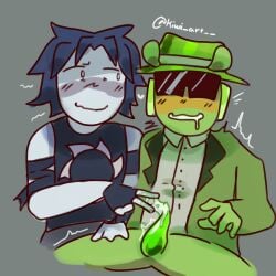1boy 1nonbinary alien_chance_(forsaken) blush chance_(forsaken) drool drooling facewear fedora forsaken_(roblox) glasses gloves green_body green_fedora green_hat green_penis green_skin handwear hat headwear kiwi_art__ no_pants precum precum_drip roblox sitting suit teasing teasing_penis tentacle_penis two_time two_time_(forsaken)