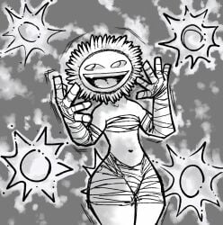 bandage bandaged_arm belly belly_button black_and_white covered_breasts covered_nipples creepypasta deadplants flower_girl grey_background happy petals plant_girl plants_vs_zombies pvz raspberryguy small_breasts smile smiling sunflower sunflower_(deadplants) sunflower_(pvz) tongue white_body