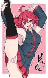 1girls 2d 2d_(artwork) ahoge armpits blush blush blush_lines breasts clothed clothed_female clothing detached_sleeves female female_only headgear holding_leg in_pain kasane_teto leg_grab leg_up michihirogswr motion_lines one_leg_up open_mouth panties plump plump_thighs red_eyes red_hair skindentation skirt skirt_lift solo solo_female split stretching striped_panties struggling sweat sweatdrop sweating tears thick_thighs thighhighs thighs trembling twin_drills utau wardrobe_malfunction wavy_mouth