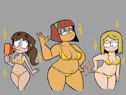 3girls ass breasts chubby female golden_bikini mr._skeliebones popsicle swimsuit tagme
