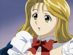 00s 1girls 2003 animated animated blonde_hair breast_grab breasts breasts_squeezed_together cleavage female grabbing green_eyes huge_breasts large_breasts lowres nami_koishikawa nami_sos nami_sos! nipples open_clothes popped_button sexually_suggestive waitress wardrobe_malfunction