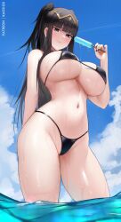 1girls alternate_costume arm_behind_back bikini black_bikini black_eyes black_hair black_nails blue_sky blush breasts circlet cleavage closed_mouth cloud day female fire_emblem fire_emblem_awakening food from_below holding holding_food holding_popsicle huge_breasts kaos_art long_hair micro_bikini navel nintendo outdoors popsicle sideboob sky solo stomach swimsuit tharja_(fire_emblem) thick_thighs thighs two_side_up underboob very_long_hair wading water wet