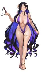 absurdly_long_hair anklet armlet bangle bare_shoulders black_background black_hair blue_eyes blue_hair blush bracelet breasts brown_dust_2 cg choker cleavage collarbone colored_inner_hair cup drinking_glass earrings eclipse_(brown_dust_2) feet female full_body groin hair_flower hair_ornament hair_over_one_eye high_heels holding huge_breasts jewelry large_breasts legs long_hair looking_at_viewer mole multicolored_hair nail_polish navel necklace o-ring official_art one-piece_swimsuit parted_lips purple_nails revealing_clothes ring sandals shiny_skin slingshot_swimsuit smile solo standing swimsuit tan thigh_strap thighlet thighs toenail_polish toenails toes transparent_background tray two-tone_hair very_long_hair