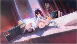 ahoge azur_lane bed bedroom bikini black_hair black_thighhighs blush breasts cg cleavage curtains dress female gloves hair_between_eyes hat horns huge_breasts id_card indoors large_breasts long_hair looking_at_viewer lying nurse nurse_cap official_alternate_costume official_art on_bed on_side open_mouth pillow skindentation solo suzuya_(azur_lane) suzuya_(midnight_care)_(azur_lane) swimsuit thighhighs thighs tongue tongue_out white_bikini white_dress white_gloves white_headwear white_shirt yellow_eyes