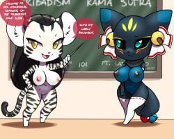 5:4 bell big_breasts breasts canid canine chalkboard chibi clothing dialogue felid feline female fox furball gloves handwear huge_breasts legwear mammal markings mikomon multit_ail pantherine pointer ribbons scarf stockings tiger xie-ling