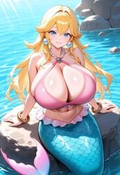 1girls ai_generated big_breasts blonde_hair blue_eyes breasts civitai earrings female fish fish_tail halter_top halterneck hand_out huge_breasts jewelry large_breasts long_hair mario_(series) mature_female merfolk mermaid mermaid_peach midriff nintendo princess_peach princess_peach:_showtime! solo thick_mermaid_hips thick_thighs underwater wide_hips