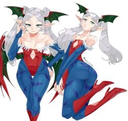 1girls ass bare_shoulders blush boots bridal_gauntlets cosplay darkstalkers female frieren green_eyes grey_hair head_wings high_heel_boots high_heels highres lilith_(darkstalkers) lilith_(darkstalkers)_(cosplay) long_hair looking_at_viewer pantyhose pointy_ears smile solo twintails very_long_hair wanderjegson wings