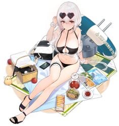 apple arm_support arm_up azur_lane bag bare_shoulders beach_mat bikini bird black_background black_bikini black_footwear blush book breasts cellphone cg chick choker cleavage closed_mouth collarbone cup eyewear_on_head female food fruit full_body hair_between_eyes hand_up handbag heart heart-shaped_eyewear innertube large_breasts looking_at_viewer magazine_(object) manjuu_(azur_lane) navel o-ring o-ring_bikini o-ring_top official_alternate_costume official_art phone picnic_basket red_eyes sandals sandwich scrunchie see-through short_hair shoulder_bag sirius_(azur_lane) sirius_(scorching-hot_seirios)_(azur_lane) sitting smartphone solo stomach sunglasses swim_ring swimsuit teacup thigh_strap thighs transparent_background turret white_hair white_scrunchie wrist_scrunchie