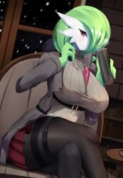 alternate_breast_size black_pantyhose bob_cut book bookshelf breasts brown_coat brown_sweater chair clothed_pokemon coat colored_skin crossed_legs cup drink dutch_angle female female_focus fur-trimmed_jacket fur_collar fur_trim gardevoir gen_3_pokemon green_hair green_skin hair_over_one_eye half-closed_eyes hands_up highres holding holding_cup huge_breasts indoors jacket long_sleeves looking_at_viewer miniskirt multicolored_skin night nintendo on_chair open_clothes open_coat open_mouth pantyhose pink_eyes pleated_skirt pokemon pokemon_(creature) red_skirt ribbed_sweater sana!rpg short_hair sitting skindentation skirt snowing solo steam sweater table thermos thick_thighs thigh_strap thighband_pantyhose thighs two-tone_skin white_skin window