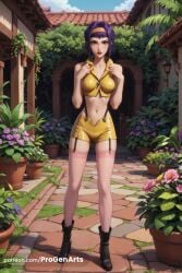 1girls ai_generated artist_name bare_shoulders black_footwear blue_sky boots breasts cloud collarbone cowboy_bebop crop_top day faye_valentine flower flower_pot full_body garter_straps green_eyes hairband hi_res lace-trimmed_legwear lips lipstick looking_at_viewer makeup medium_breasts midriff navel outdoors pink_thighhighs plant potted_plant progenarts purple_hair red_lips short_hair short_shorts shorts sky solo standing suspenders thighhighs yellow_shorts