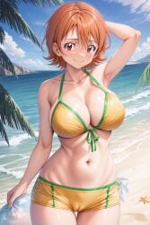 1girl ai-created ai_generated arm_behind_head armpits arms_up bangs bare_arms bare_shoulders beach bikini bikini_shorts bikini_top blue_sky blush bodily_fluids boyshorts breasts cameltoe clavicle cleavage closed_mouth clothing cloud cloudy_sky day digimon digimon_adventure digimon_adventure_02 digimon_adventure_tri. female female_only front-tie_bikini_top front-tie_top green_bikini green_swimsuit green_trim groin hair_between_eyes halterneck high_resolution horizon large_breasts looking_at_viewer medium_breasts midriff navel ocean one_arm_up orange_hair outdoors palm_tree pixiv portrait red_eyes rena_aikawa_(pixiv_user) sand shiny shiny_skin shore short_hair short_shorts shorts skindentation sky smile solo standing starfish stomach string_bikini summer sunlight sweat swimsuit takenouchi_sora tensor_art thigh_gap thighs tree water wet yellow_bikini yellow_swimsuit