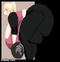 animated ass_expansion belly_expansion blonde_hair breast_expansion indulgences pixel_art rebecca_(indulgences) tight_clothing