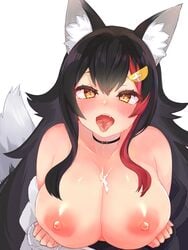 absurdres animal_ear_fluff animal_ears bangs bare_shoulders black_hair blush breast_lift breasts choker cleavage collarbone commentary_request cum cum_on_body cum_on_breasts female festa11307070 hair_ornament hairclip heart heart-shaped_pupils highres hololive hololive_gamers hololive_japan kemonomimi large_breasts long_hair long_sleeves looking_at_viewer multicolored_hair nipples oerba_yun_fang off_shoulder ookami_mio open_mouth red_hair saliva saliva_trail simple_background solo streaked_hair symbol-shaped_pupils tail tongue tongue_out upper_body upper_teeth virtual_youtuber white_background wolf_ears wolf_girl wolf_tail yellow_eyes