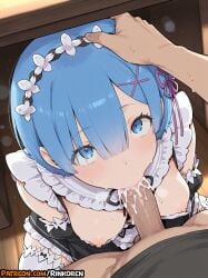 1boy 2025 ai ai_assisted ai_generated anime anime_girl anime_style apron artist_name bangs black_dress blue_eyes blue_hair blush breasts breasts_out cum cum_in_mouth detached_sleeves dress eyes_visible_through_hair fellatio female frills hair_between_eyes hair_ornament hair_over_one_eye hair_ribbon hand_on_another's_head heart hi_res high_quality high_res high_resolution highres large_breasts looking_at_viewer looking_up maid maid_headdress medium_breasts nipples oral patreon patreon_username penis pink_ribbon pov re:zero_kara_hajimeru_isekai_seikatsu rem_(re:zero) ribbon rinkoai roswaal_mansion_maid_uniform short_hair solo_focus straight sweat thighhighs uncensored under_the_table veins veiny_penis watermark x_hair_ornament