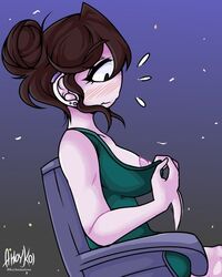 ahoykoi areola bench blue_background blush breasts brown_hair covering_breasts dress earrings exposed_breasts female jaiden jaiden_animations koianimations nipples sideway sitting white_skin youtube youtuber