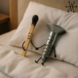 after_sex ai_generated ambiguous_gender animate_inanimate artificial_intelligence bed bedroom blanket bolt death_by_snoo_snoo edit edited lambai11 matchstick pillow reupload self_upload sfw shitpost