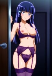 1girls ai_generated blue_hair breasts door female female_only glitter_force light-skinned_female light_skin long_hair nipples precure pretty_cure ramen1919 reika_aoki smile_precure smile_pretty_cure solo toei_animation