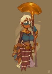 artist_request blue_paint brown_skinned_female topless topless_female weapon