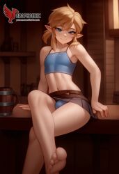 1boy 2d ai_generated ass barefeet big_ass crossdressing crossdressing_male erection erection_under_clothes erophoenix feet full_body link looking_at_viewer looking_back male male_focus navel nude otoko_no_ko pale_skinned_male patreon_username pointy_ears skirt smile soles solo solo_male sweat the_legend_of_zelda thick thick_thighs toes uncensored