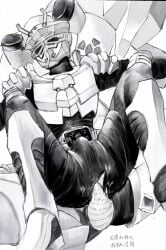 1boy anal anal_sex armor armored_male belt big_penis bodily_fluids bodily_fluids_drip bodily_fluids_on_penis bodysuit bodysuit_bulge crab erect_penis erection erection_under_bodysuit helmet japanese_text kabe2kagaari kamen_rider kamen_rider_ryuki_(series) kamen_rider_scissors knees_up large_penis legs_up male male_focus male_only masashi_sudo mask masked masked_male monochrome monster monster_cock monster_on_human monster_on_monster penis penis_in_ass pincers ripped_bodysuit stand_and_carry_position text torn_bodysuit