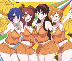 4girls absurdres amagi_yukiko black_eyes black_hair blue_eyes blue_hair blunt_bangs blush breasts brown_eyes brown_hair cheerleader closed_eyes closed_mouth commentary commission earrings english_commentary hair_between_eyes hairband highres jeffmiga jewelry kujikawa_rise long_hair medium_breasts multiple_girls navel open_mouth pearl_earrings persona persona_4 pom_pom_(cheerleading) red_hairband satonaka_chie shirogane_naoto short_hair skirt smile swept_bangs thighs tongue tongue_out twintails