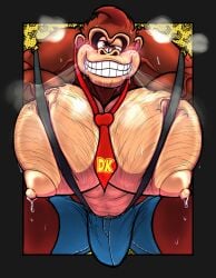 1boy anthro ape bodily_fluids bottomwear bulge clothing denim denim_bottomwear denim_clothing denim_shorts donkey_kong donkey_kong_(dkbananza) donkey_kong_(series) donkey_kong_bananza donkey_kong_in_overalls gorilla hi_res huffenpuffy_(artist) male muscular muscular_male nintendo nipples overalls pecs primate shorts smile smiling_at_viewer smirk smirking_at_viewer solo suspenders sweat vein veiny_muscles