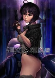 ass black_gloves black_jacket building city copyright_name cowboy_shot female fingerless_gloves ghost_in_the_shell gloves gun handgun highres holding holding_gun holding_weapon jacket kusanagi_motoko leotard non-humanoid_robot robot ryu_shou short_hair solo_focus strapless strapless_leotard tachikoma thighhighs weapon white_leotard