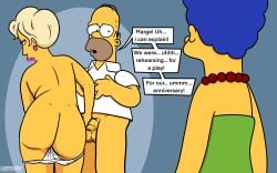 1boy 20th_century_fox 20th_century_studios 2girls artist_name artist_signature ass bald bald_male balls blue_hair bottomless bottomless_male cheating cheating_husband clothing dialogue dilf dress ear_piercing erection female genitals green_dress homer_simpson human human_only lindsey_naegle lipstick lockandlewd looking_at_another looking_back male male/female mammal marge_simpson mature mature_female mature_male milf no_pants nude nude_female nude_female_clothed_female nude_female_clothed_male open_mouth panties pearl_necklace penis scared shirt sweat sweating text text_bubble the_simpsons white_panties white_shirt