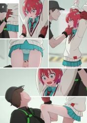 1girls amate_yuzuriha aqua_eyes aqua_hair arms_up female female_focus gloves grab grabbing gundam gundam_gquuuuuux hi_res highres holding light-skinned_female light_skin male multiple_boys multiple_views panties peeping red_hair short_hair thighs two_tone_hair yamomo yamomono