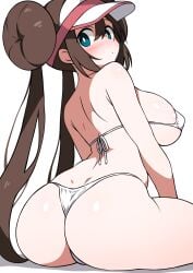 1girls areola_slip ass big_ass big_breasts bikini blue_eyes blush breasts brown_hair closed_mouth donut_hair_bun double_bun ecgg_(tsuji418477) female female_only hair_bun highres huge_breasts looking_at_viewer micro_bikini nintendo pokemon pokemon_bw2 rosa_(pokemon) sideboob simple_background sitting solo swimsuit twintails visor_cap white_background white_bikini