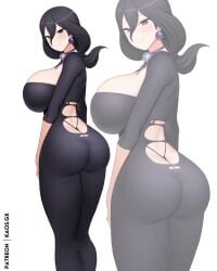 1girls ass breasts butt_crack dress earrings female female_focus from_behind hex_maniac huge_breasts jewelry kaos_art long_hair looking_at_viewer nintendo pokemon pokemon_legends:_z-a skindentation solo thong torn_clothes