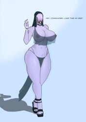 alien alien_girl big_ass big_breasts bikini commander_shepard daro'xen_vas_moreh female female_focus female_only greeting heels huge_ass huge_breasts mask masked masked_female mass_effect mass_effect_2 mass_effect_3 nipples nipples_visible_through_clothing painting_(artwork) purple_skin quarian rodler-h8 thick_ass thick_hips thick_legs thick_thighs translucent_clothing waving_hand