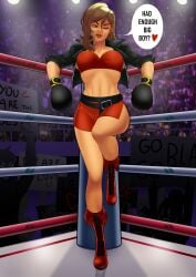 1girls alternate_version_available arena athletic athletic_female big_breasts black_boxing_gloves black_gloves blaze_fielding boots boxing boxing_gloves boxing_ring breasts brown_eyes brown_hair busty dialogue female female_focus hourglass_figure lipstick long_hair makeup mole mole_under_mouth navel sega speech_bubble streets_of_rage tagme wide_hips zuruppi