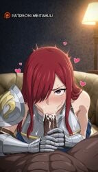 1boy :>= abs ai_generated armor blue_skirt blush breastplate breasts clothed_female_nude_male couch cum cum_in_mouth cum_in_nose cum_overflow dark-skinned_male dark_skin ejaculation erection erza_scarlet facial fairy_tail fellatio female gauntlets hair_over_one_eye heart indoors interracial lamp large_penis lips long_hair looking_at_viewer meitabuu nude one_eye_covered oral penis penis_grab pov pov_crotch purple_eyes red_hair shoulder_armor skirt straight sweat uncensored veins veiny_penis