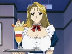 00s 1girls 2003 animated animated anime_screenshot apron blonde_hair bouncing_breasts bow bowtie breasts choker cleavage covered_erect_nipples dessert female female_focus food frills holding huge_breasts ice_cream indoors koishikawa_nami long_hair lowres nami_koishikawa nami_sos! pillarboxed plate shirt smile solo sundae taut_clothes taut_shirt tray upper_body waitress walking