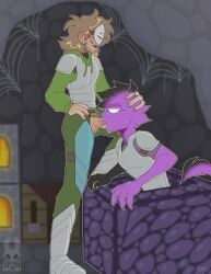 armor blush clothed_sex cobwebs daquavismc dreamwastaken drool dubious_consent ear_piercing fellatio hand_on_head humanoid hybrid male/male mask minecraft oral saliva trapped