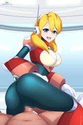1boy 1girls alia ass big_ass big_breasts black_bodysuit blonde_hair blue_eyes blush bodysuit breasts censored_penis clothing clothing_sex female long_hair male mega_man mega_man_x open_mouth penis penis_in_pussy pussy reploid reverse_cowgirl_position robarts_hallway robot_girl sex white_gloves