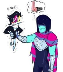 anthro armor biped black_hair blue_body bodily_fluids clothed clothing darkner deltarune dialogue duo eyewear fingers glasses hair hi_res human imminent_pegging kris_(deltarune) larger_human male mammal mawile123 penetrable_sex_toy question_mark red_cheeks sex_toy size_difference spamton_g._spamton sweat teeth text undertale_(series) white_body
