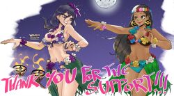 2girls @_@ alternate_breast_size alternate_costume bikini black_hair bracelet breasts cleavage coconut_bra cowboy_shot dancer dancer_(pokemon) dancing dark-skinned_female dark_skin earrings eyeshadow fire floral_print_bikini flower flower_bracelet flower_necklace frown full_moon gift_art grass_skirt hair_between_eyes hair_flower hair_ornament half-closed_eyes hands_up head_wreath hex_maniac hex_maniac_(z-a) hula jewelry large_breasts leaf_skirt lei long_hair looking_at_another looking_to_the_side makeup moon multiple_girls navel necklace night night_sky nintendo parted_lips poke_ball_earrings poke_ball_symbol pokemon pokemon_legends:_z-a pokemon_sm purple_bikini purple_eyes purple_eyeshadow purple_flower red_lips showgirl_skirt sky smile star_(sky) swimsuit thank_you torch underboob wanderjegson